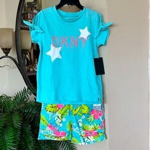 Brand New DNKY Teal Top w/ Sparkly Logo & Carter’s Hawaiian Print Shorts